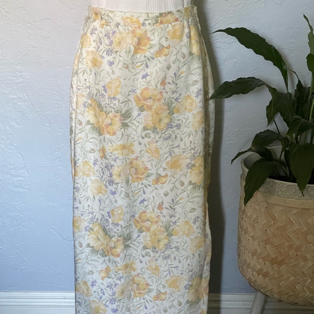 Jones New York vintage 100% linen yellowcream floral maxi wrap skirt cottagecore
